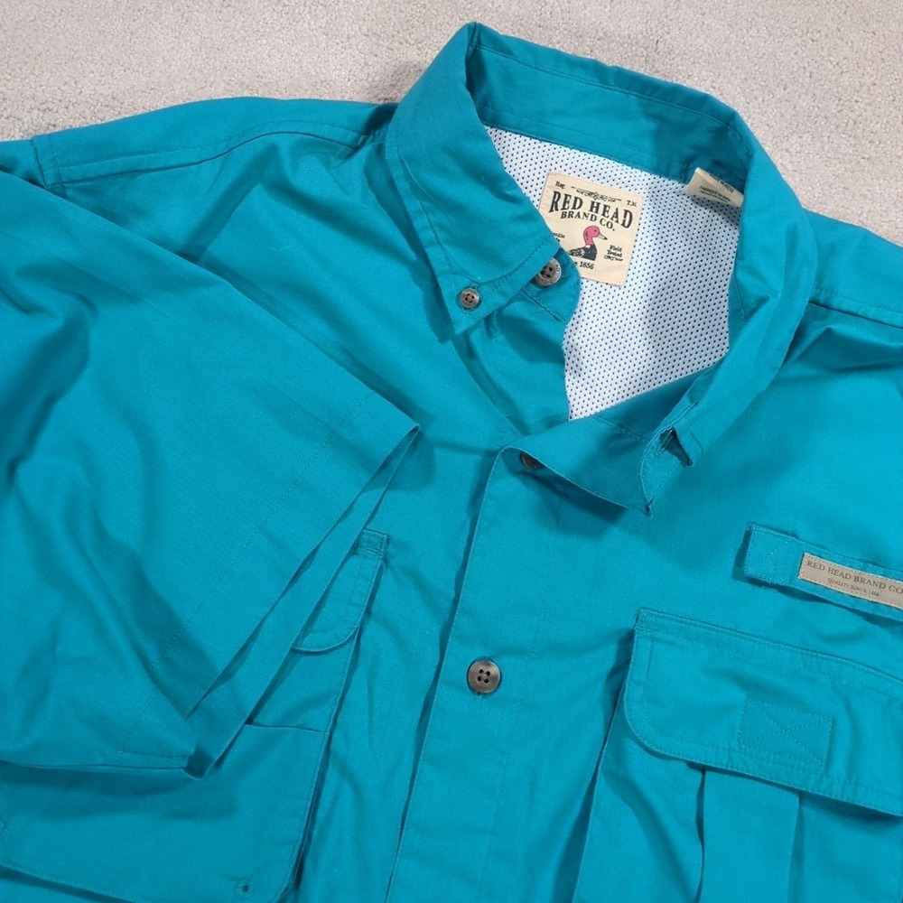 Red Head Fishing Shirt Mens Large Short Sleeve Vented Blue Tackle Pockets